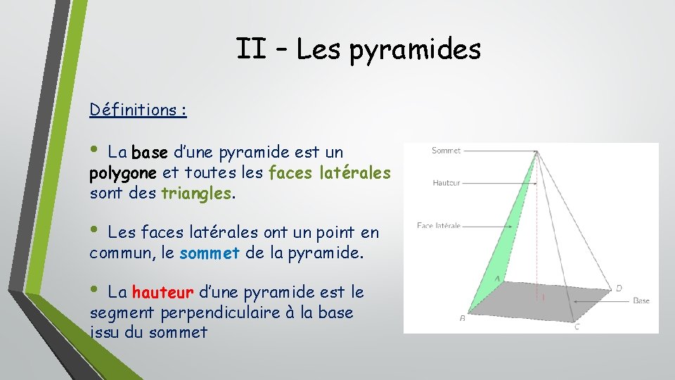 II – Les pyramides Définitions : • La base d’une pyramide est un polygone