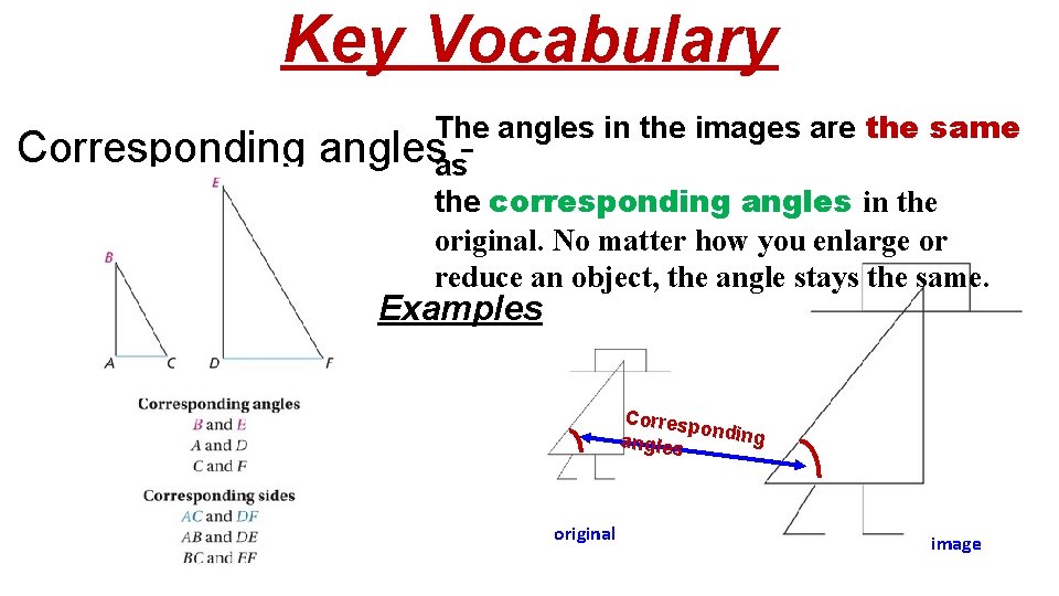 Key Vocabulary The angles in the images are the same Corresponding angles as the