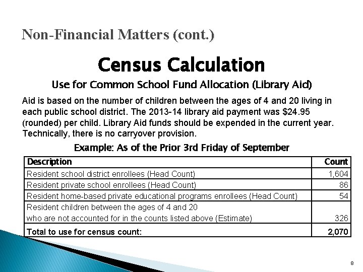 Non-Financial Matters (cont. ) Census Calculation Use for Common School Fund Allocation (Library Aid)