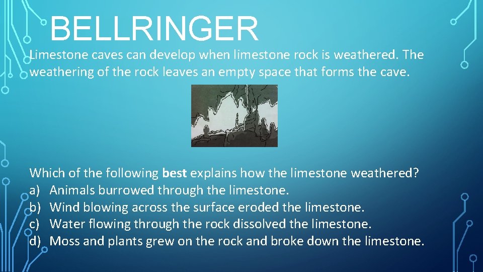 BELLRINGER Limestone caves can develop when limestone rock is weathered. The weathering of the