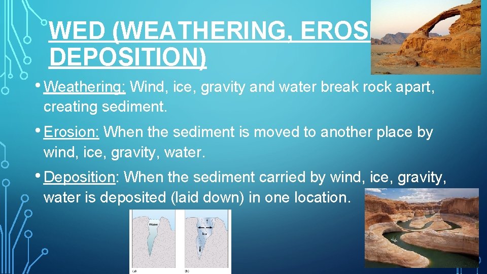 WED (WEATHERING, EROSION, DEPOSITION) • Weathering: Wind, ice, gravity and water break rock apart,