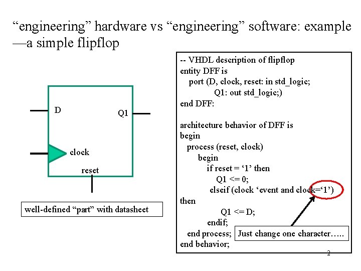 “engineering” hardware vs “engineering” software: example —a simple flipflop D Q 1 clock reset