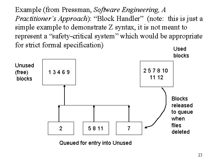 Example (from Pressman, Software Engineering, A Practitioner’s Approach): “Block Handler” (note: this is just