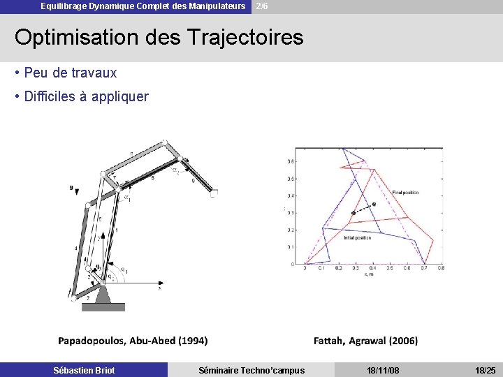 Equilibrage Dynamique Complet des Manipulateurs 2/6 Optimisation des Trajectoires • Peu de travaux •