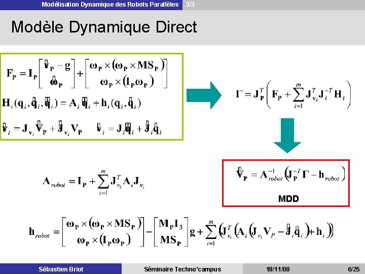 Modélisation Dynamique des Robots Parallèles 3/3 Modèle Dynamique Direct MDD Sébastien Briot Séminaire Techno’campus