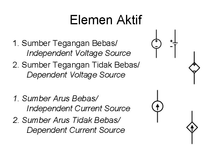 Elemen Aktif 1. Sumber Tegangan Bebas/ Independent Voltage Source 2. Sumber Tegangan Tidak Bebas/