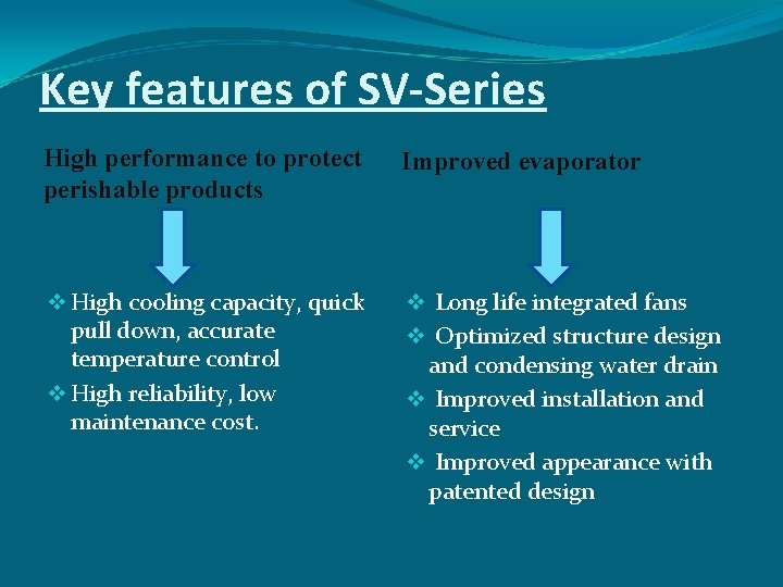Key features of SV-Series High performance to protect perishable products Improved evaporator v High
