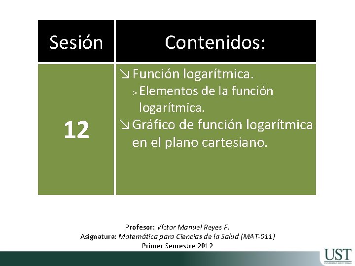 Sesión Contenidos: ↘ Función logarítmica. 12 > Elementos de la función logarítmica. ↘ Gráfico Sesión Contenidos: ↘ Función logarítmica. 12 > Elementos de la función logarítmica. ↘ Gráfico