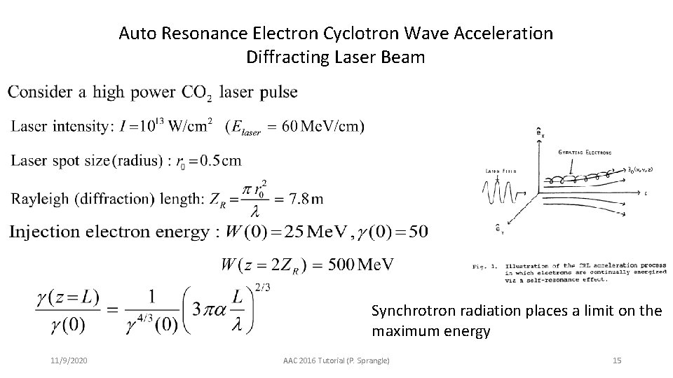 Auto Resonance Electron Cyclotron Wave Acceleration Diffracting Laser Beam Synchrotron radiation places a limit