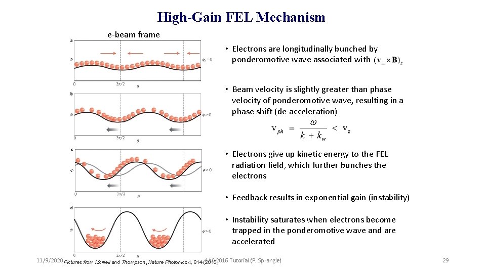High-Gain FEL Mechanism e-beam frame • Electrons are longitudinally bunched by ponderomotive wave associated
