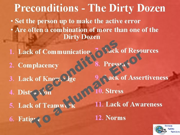 Preconditions - The Dirty Dozen • Set the person up to make the active