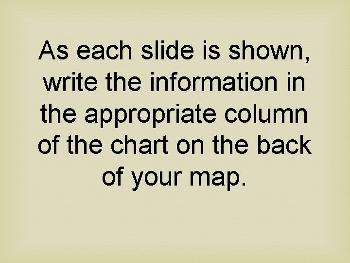 As each slide is shown, write the information in the appropriate column of the