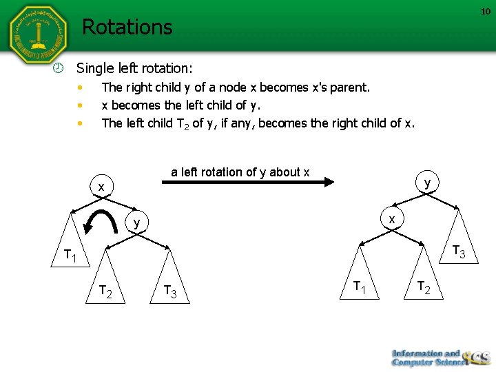 10 Rotations Single left rotation: • • • The right child y of a