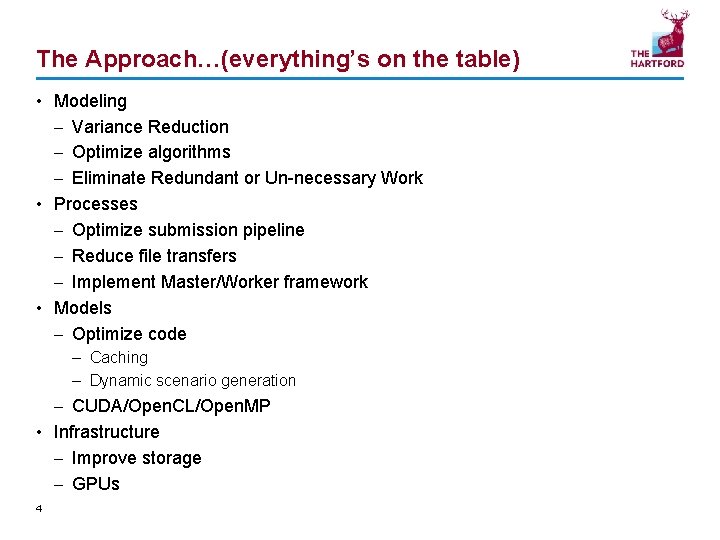The Approach…(everything’s on the table) • Modeling – Variance Reduction – Optimize algorithms –