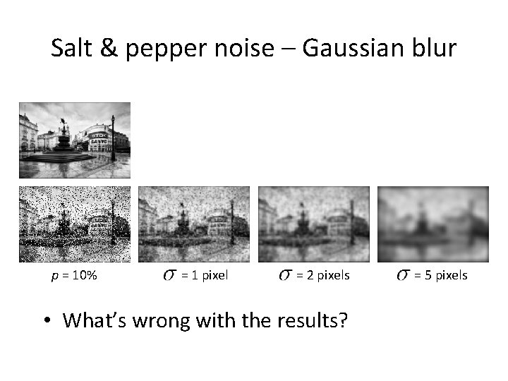 Salt & pepper noise – Gaussian blur p = 10% = 1 pixel =