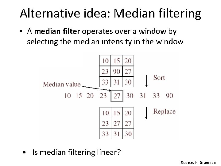 Alternative idea: Median filtering • A median filter operates over a window by selecting