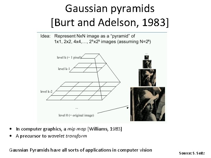 Gaussian pyramids [Burt and Adelson, 1983] • In computer graphics, a mip map [Williams,