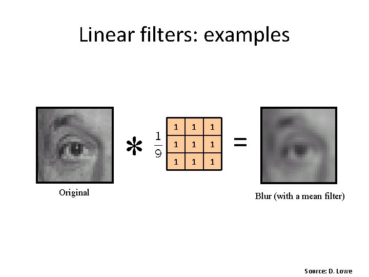 Linear filters: examples * Original 1 1 1 1 1 = Blur (with a