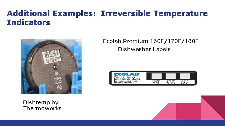 Additional Examples: Irreversible Temperature Indicators Ecolab Premium 160 F/170 F/180 F Dishwasher Labels Dishtemp