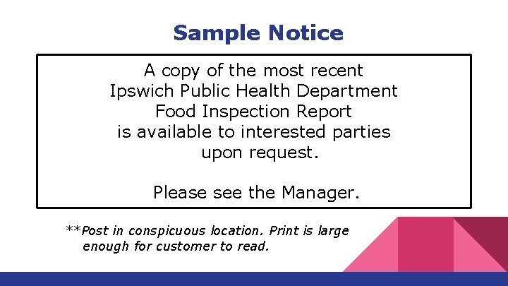 Sample Notice A copy of the most recent Ipswich Public Health Department Food Inspection