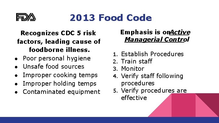 2013 Food Code Recognizes CDC 5 risk factors, leading cause of foodborne illness. ●
