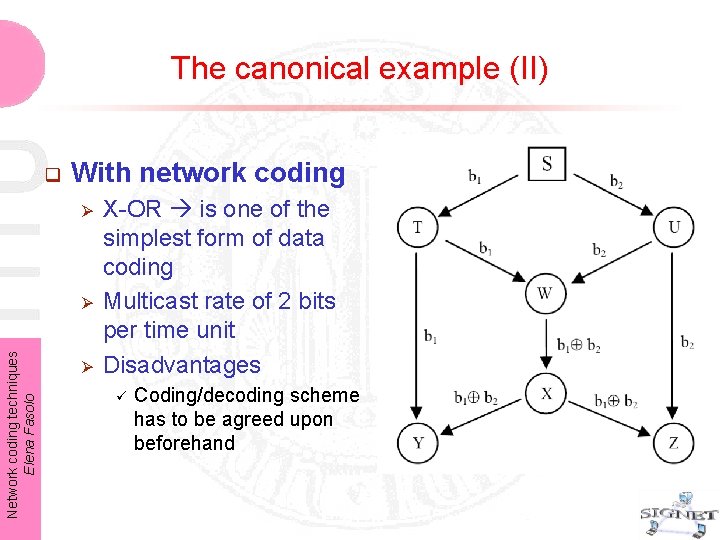 The canonical example (II) q With network coding Ø Network coding techniques Elena Fasolo The canonical example (II) q With network coding Ø Network coding techniques Elena Fasolo