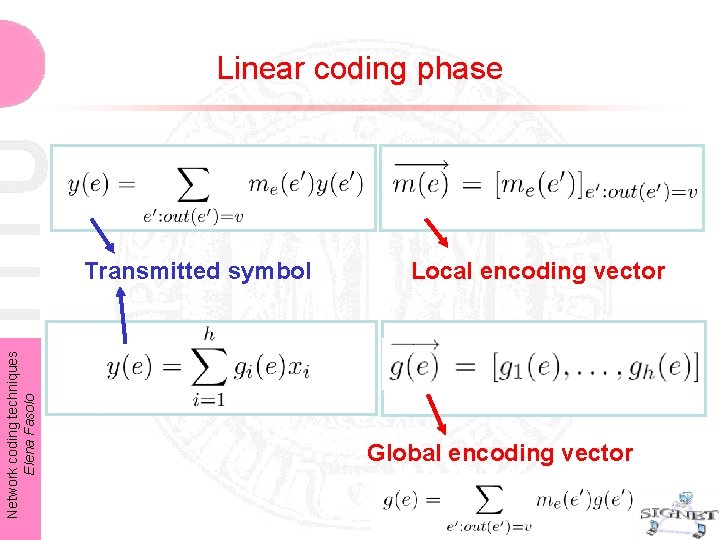Linear coding phase Network coding techniques Elena Fasolo Transmitted symbol Local encoding vector Global Linear coding phase Network coding techniques Elena Fasolo Transmitted symbol Local encoding vector Global