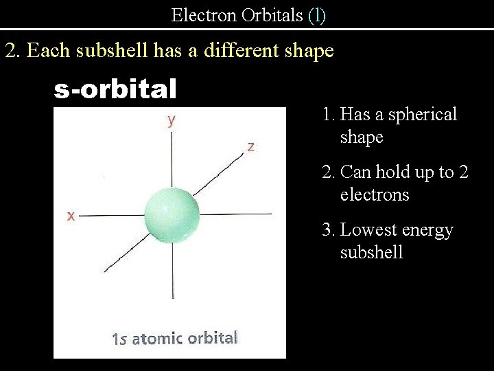 Electron Orbitals (l) 2. Each subshell has a different shape s-orbital 1. Has a