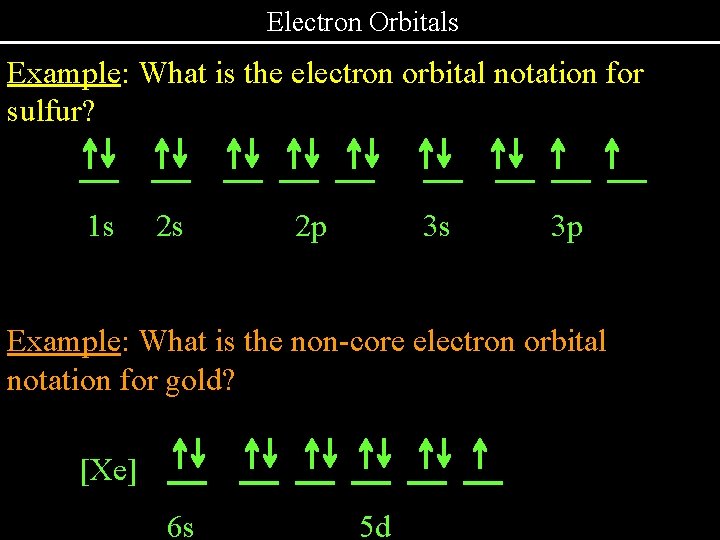 Electron Orbitals Example: What is the electron orbital notation for sulfur? . 1 s