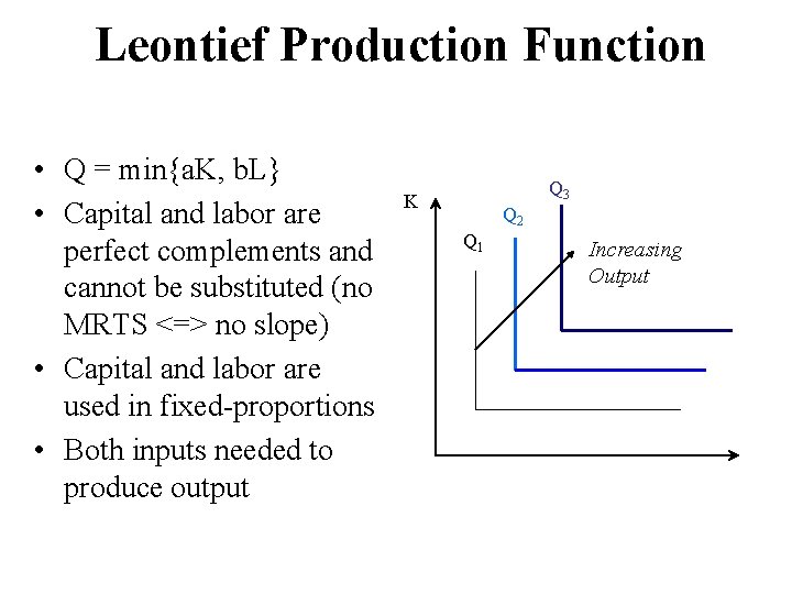 Leontief Production Function • Q = min{a. K, b. L} • Capital and labor