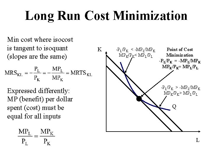 Long Run Cost Minimization Min cost where isocost is tangent to isoquant (slopes are