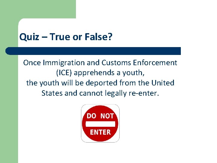Quiz – True or False? Once Immigration and Customs Enforcement (ICE) apprehends a youth,