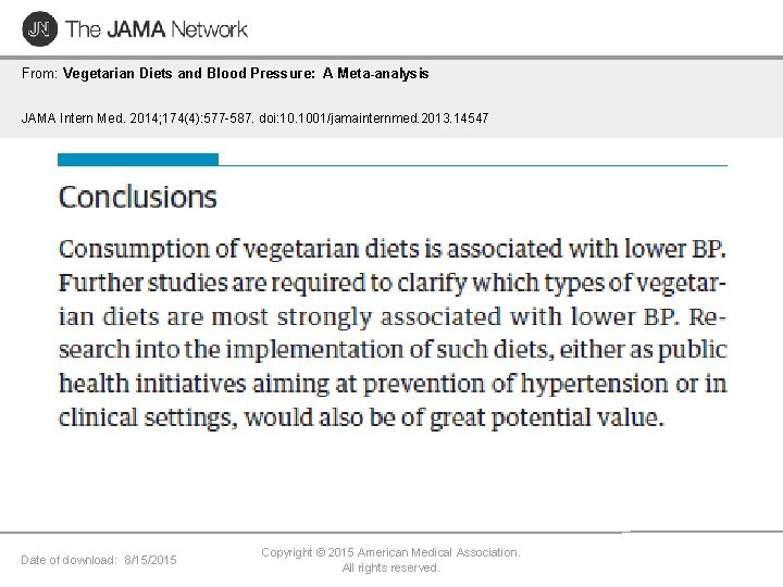 From: Vegetarian Diets and Blood Pressure: A Meta-analysis JAMA Intern Med. 2014; 174(4): 577