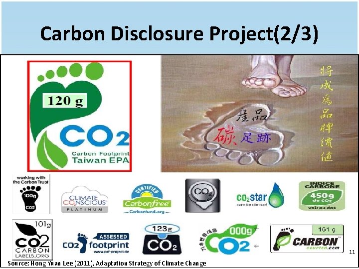 Carbon Disclosure Project(2/3) 11 Source: Hong Yuan Lee (2011), Adaptation Strategy of Climate Change