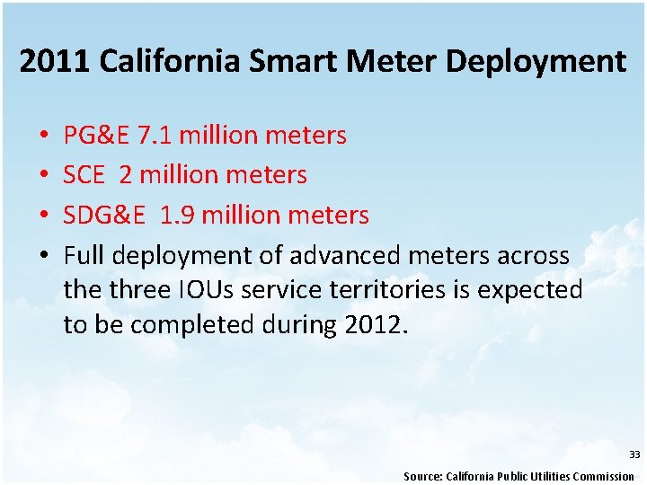 2011 California Smart Meter Deployment • • PG&E 7. 1 million meters SCE 2