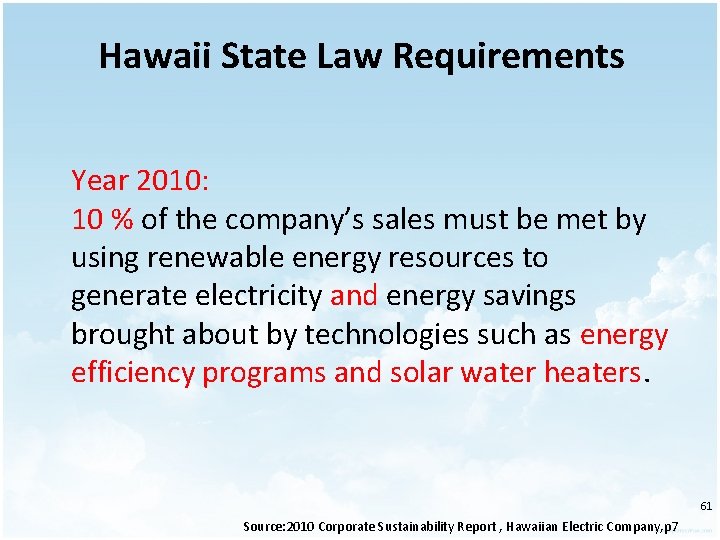 Hawaii State Law Requirements Year 2010: 10 % of the company’s sales must be