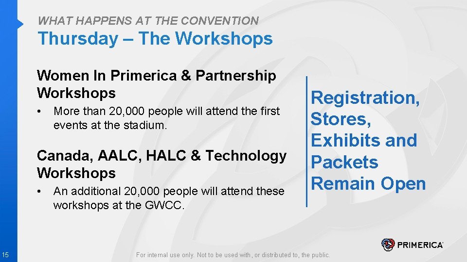 WHAT HAPPENS AT THE CONVENTION Thursday – The Workshops Women In Primerica & Partnership