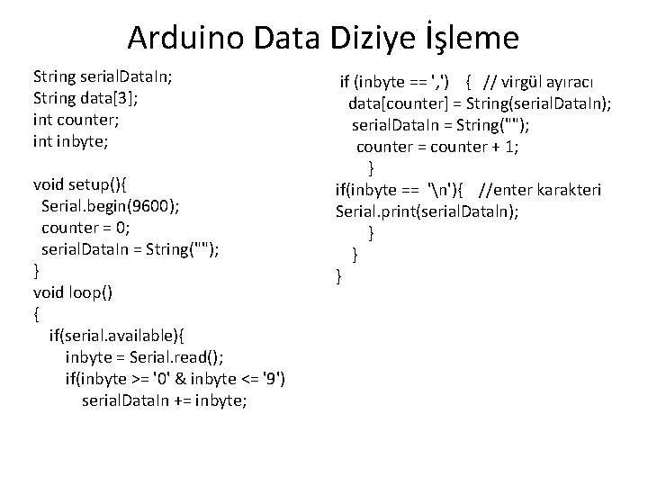 Arduino Data Diziye İşleme String serial. Data. In; String data[3]; int counter; int inbyte;