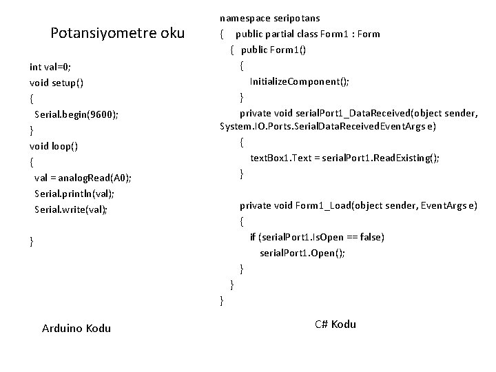 Potansiyometre oku int val=0; void setup() { Serial. begin(9600); } void loop() { val