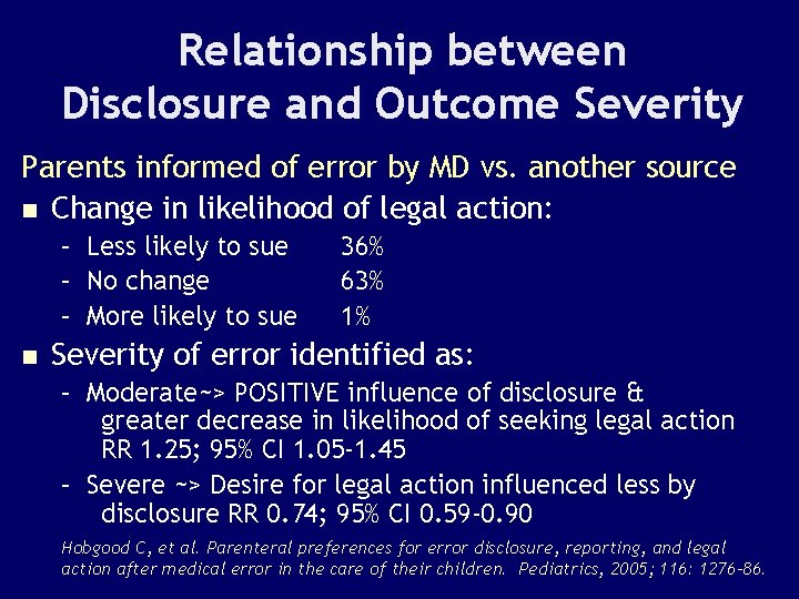 Relationship between Disclosure and Outcome Severity Parents informed of error by MD vs. another