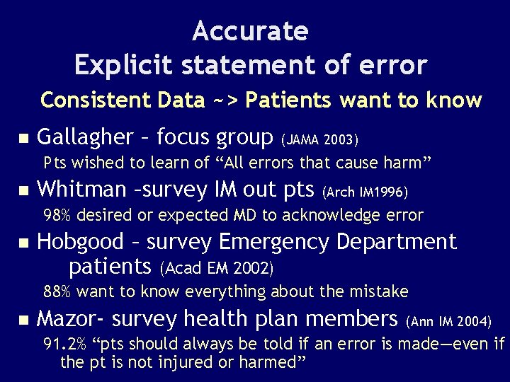 Accurate Explicit statement of error Consistent Data ~> Patients want to know n Gallagher