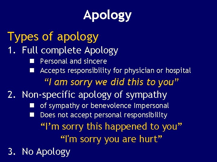 Apology Types of apology 1. Full complete Apology n n Personal and sincere Accepts