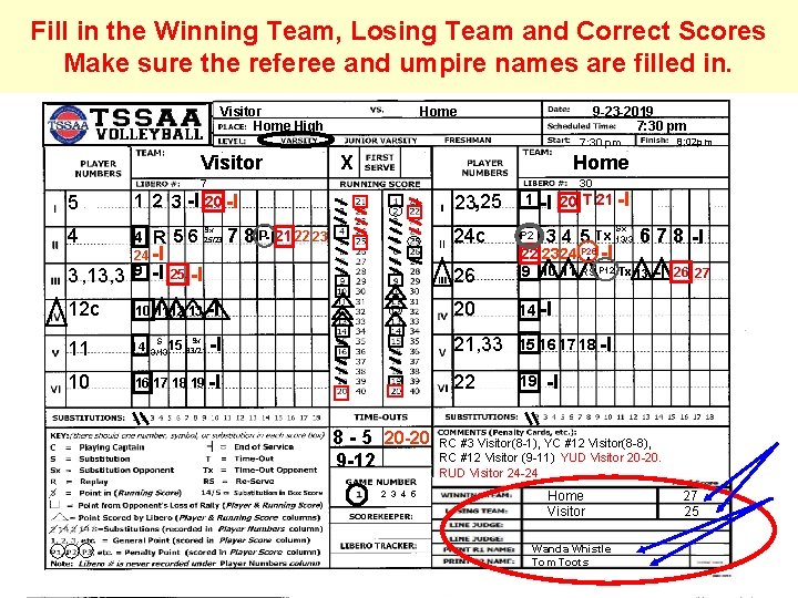 Fill in the Winning Team, Losing Team and Correct Scores Make sure the referee