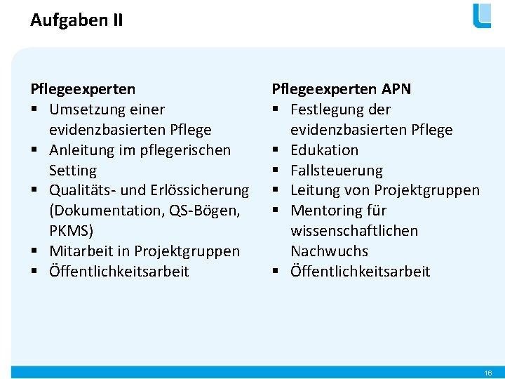 Aufgaben II Pflegeexperten § Umsetzung einer evidenzbasierten Pflege § Anleitung im pflegerischen Setting §