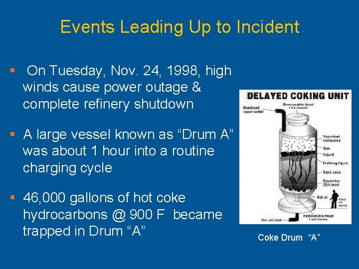 Events Leading Up to Incident § On Tuesday, Nov. 24, 1998, high winds cause