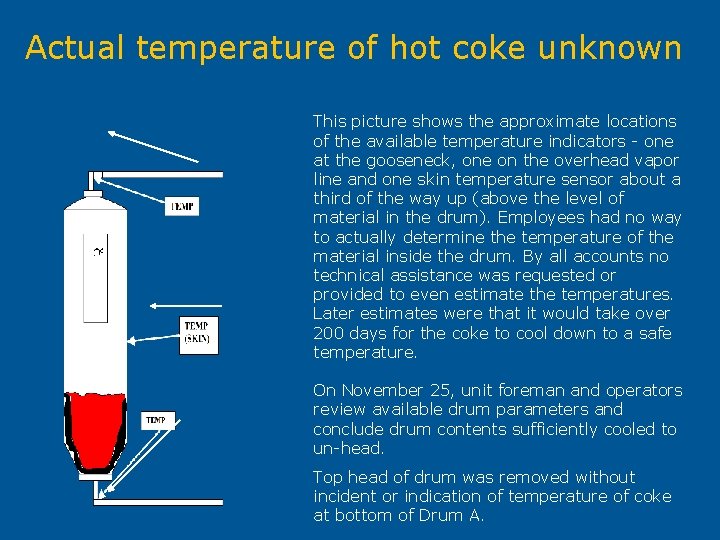 Actual temperature of hot coke unknown This picture shows the approximate locations of the
