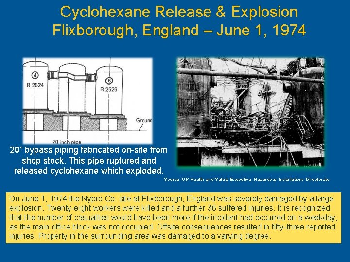 Cyclohexane Release & Explosion Flixborough, England – June 1, 1974 20” bypass piping fabricated