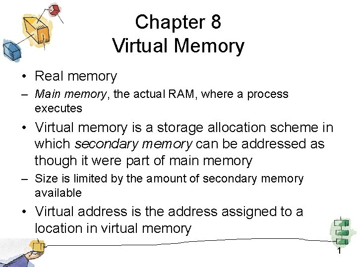 Chapter 8 Virtual Memory • Real memory – Main memory, the actual RAM, where