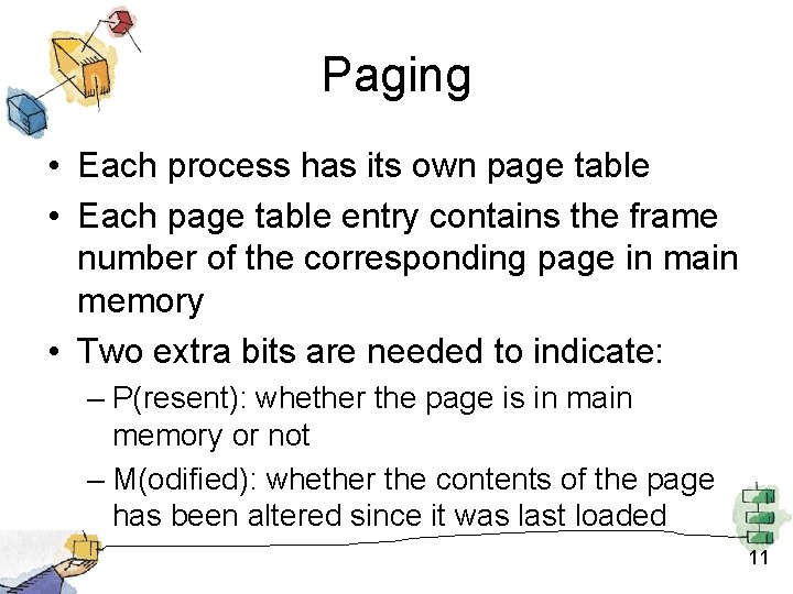 Paging • Each process has its own page table • Each page table entry