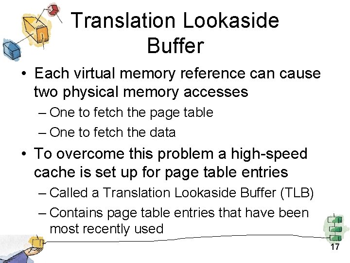Translation Lookaside Buffer • Each virtual memory reference can cause two physical memory accesses